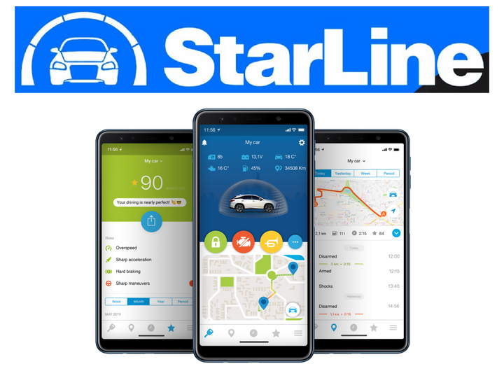 StarLine logo above three smartphones displaying vehicle security, tracking, and driving behavior app interfaces.