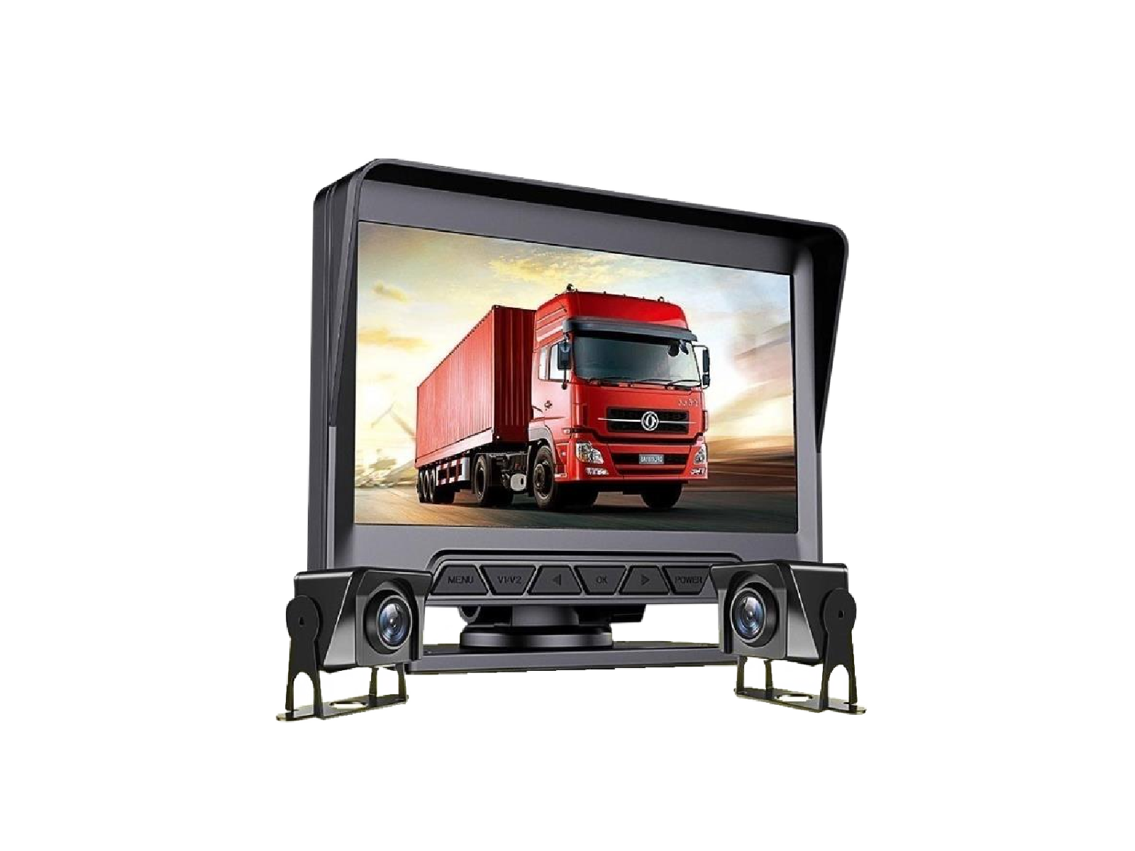 Vehicle backup camera monitor showing a red truck on screen with two small cameras attached below the display.