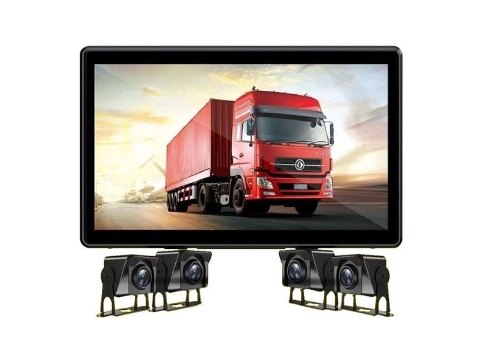 Display screen showing a red truck on road with four black vehicle cameras positioned below the screen.