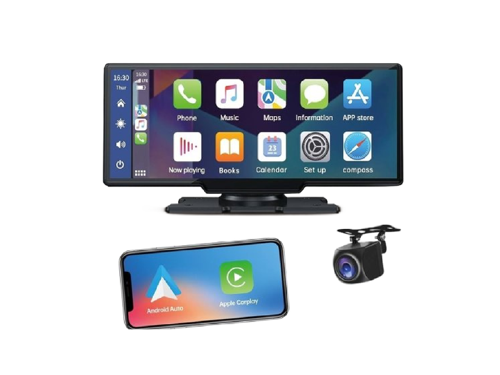 Car multimedia display with app icons, smartphone showing Android Auto and Apple CarPlay logos, and a small rearview camera.