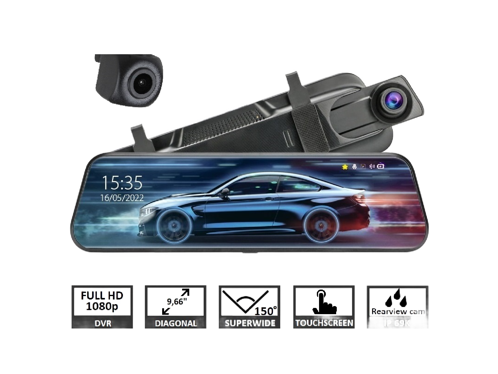 Rearview mirror dash camera with touchscreen, superwide lens, 1080p DVR, and IP69K waterproof rating