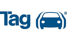 Blue TAG text next to a blue car icon enclosed by curved lines representing vehicle security and connected car expertise