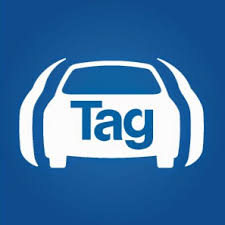 White stylized car outline with "Tag" text centered on a blue background representing vehicle tracking symbol.