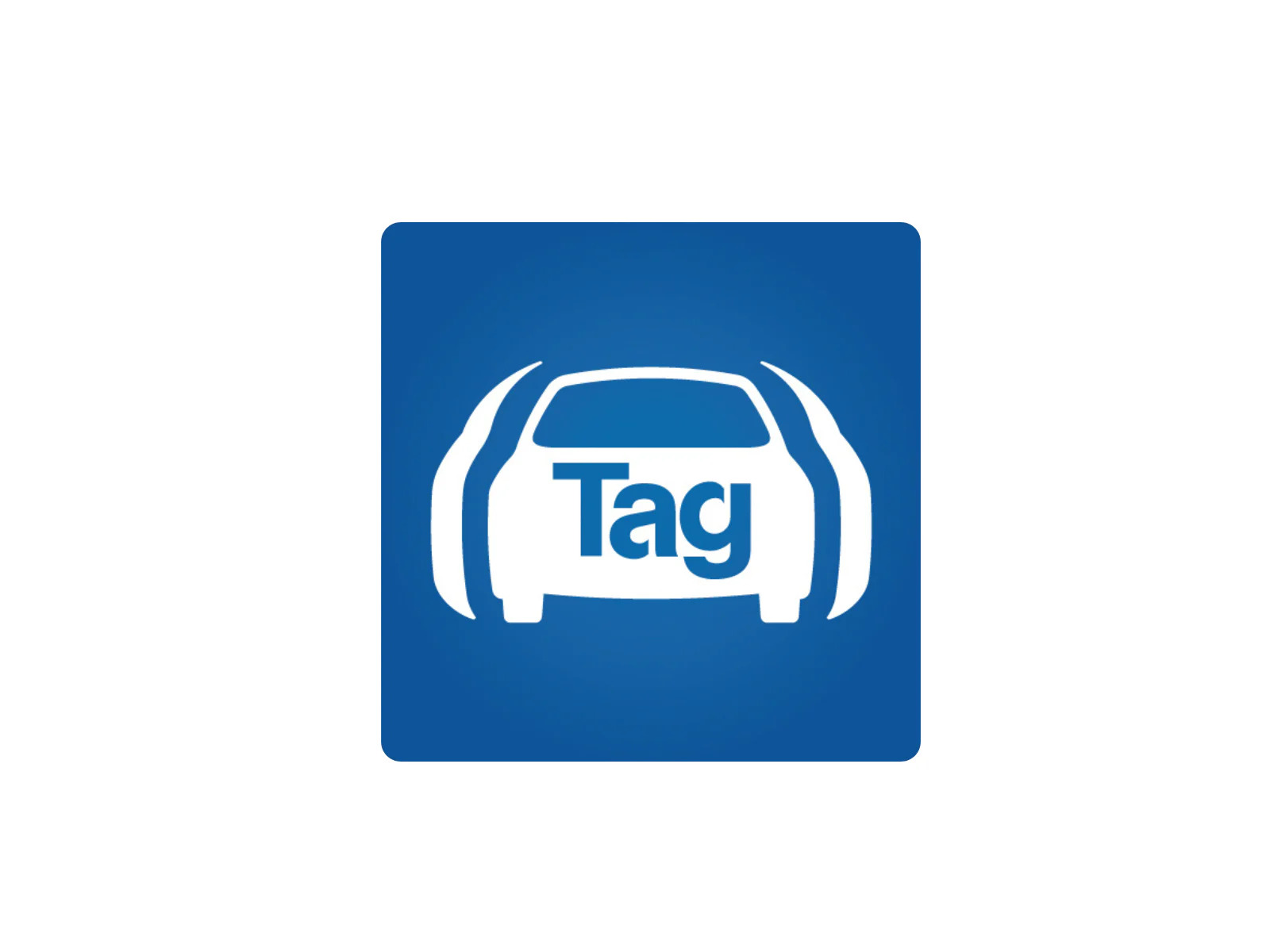 Blue square icon showing a stylized car front view with the word Tag inside and signal waves on both sides