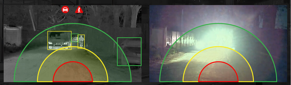 LDS MDVR Thermal Camera with Pedestrian Detection, 1080p, Model: TC639-T3 showcasing night vision and detection zones with Professional Installation.