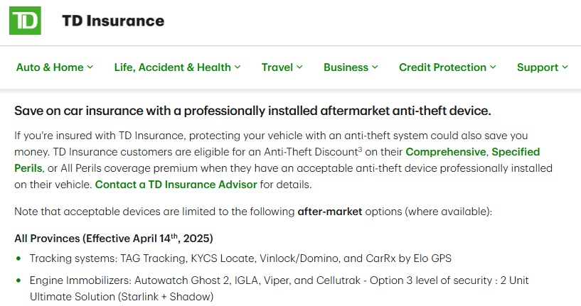 Screenshot of TD Insurance webpage explaining insurance savings with professionally installed anti-theft devices, showing coverage options and contact info.