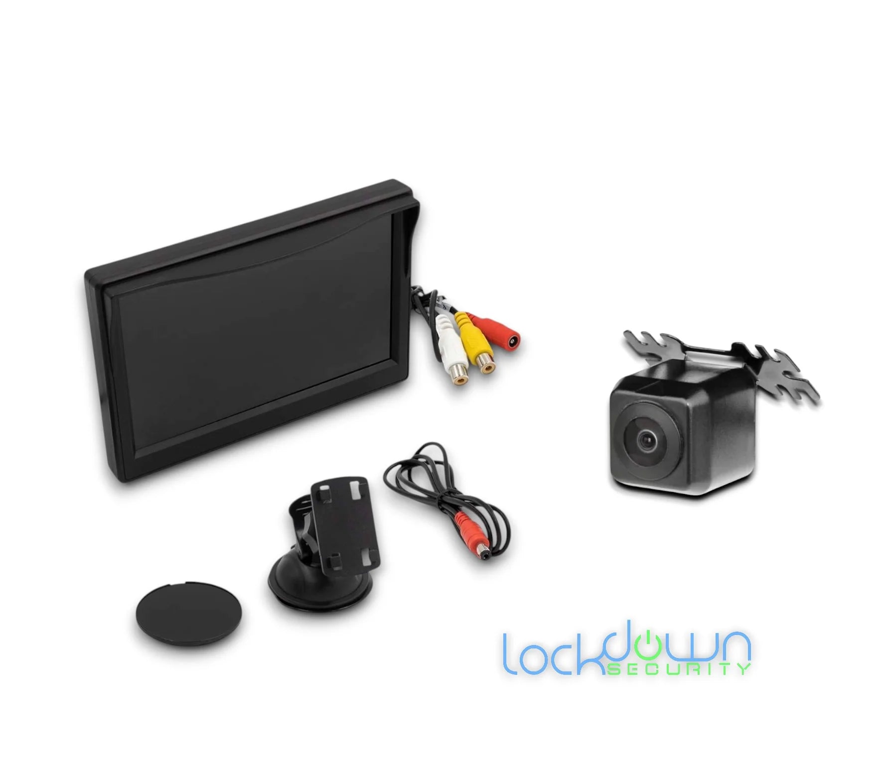 Car backup camera system with compact camera, mounting bracket, display monitor, and connecting cables on white background