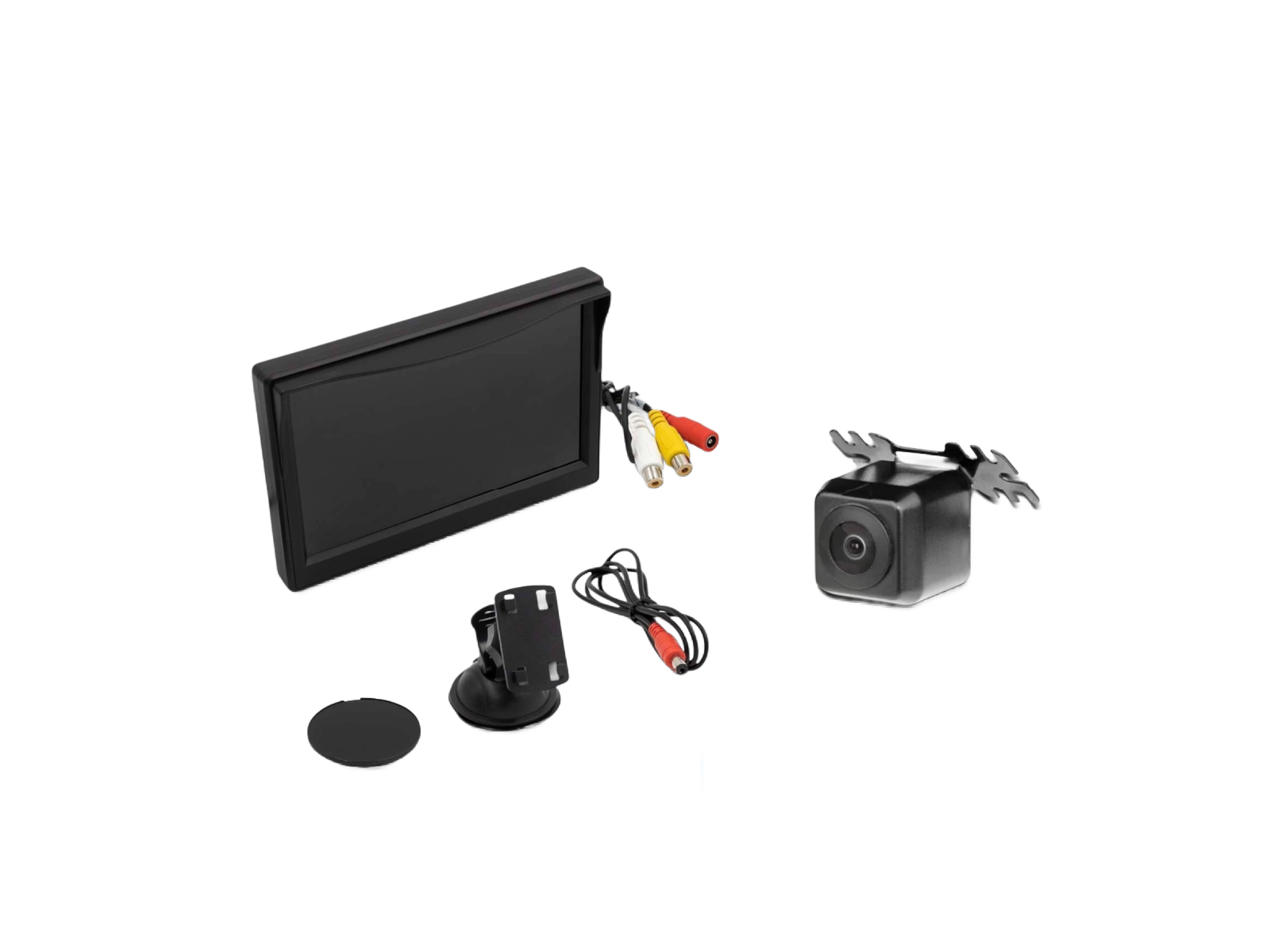 Car backup camera system with display screen, mounting bracket, and connecting cables on a white background.