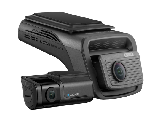 Compact radar detector and camera system with dual lenses and micro SD slot in a modern black design