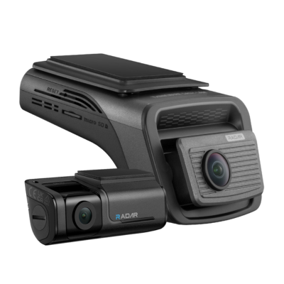 Compact dual-lens dash camera system with front and rear cameras, micro SD slot, and RADAR branding on black casing