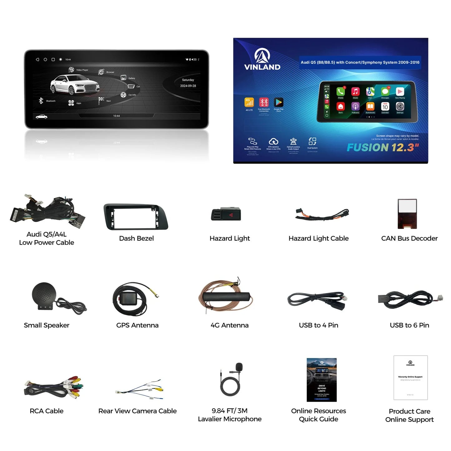 VINLAND VADQ54XL12A8 12.3" Wireless CarPlay and Android Auto Screen for Audi Q5, SQ5