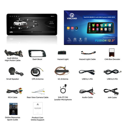 VINLAND VADQ54YL12A8 12.3" Wireless CarPlay and Android Auto Screen for Audi Q5, SQ5