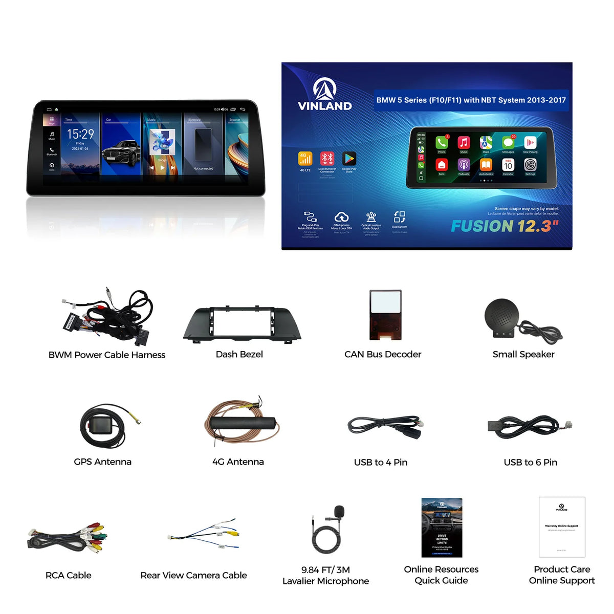 VINLAND VBM5S512B8 12.3" Wireless CarPlay and Android Auto Screen for BMW 5 Series, M5