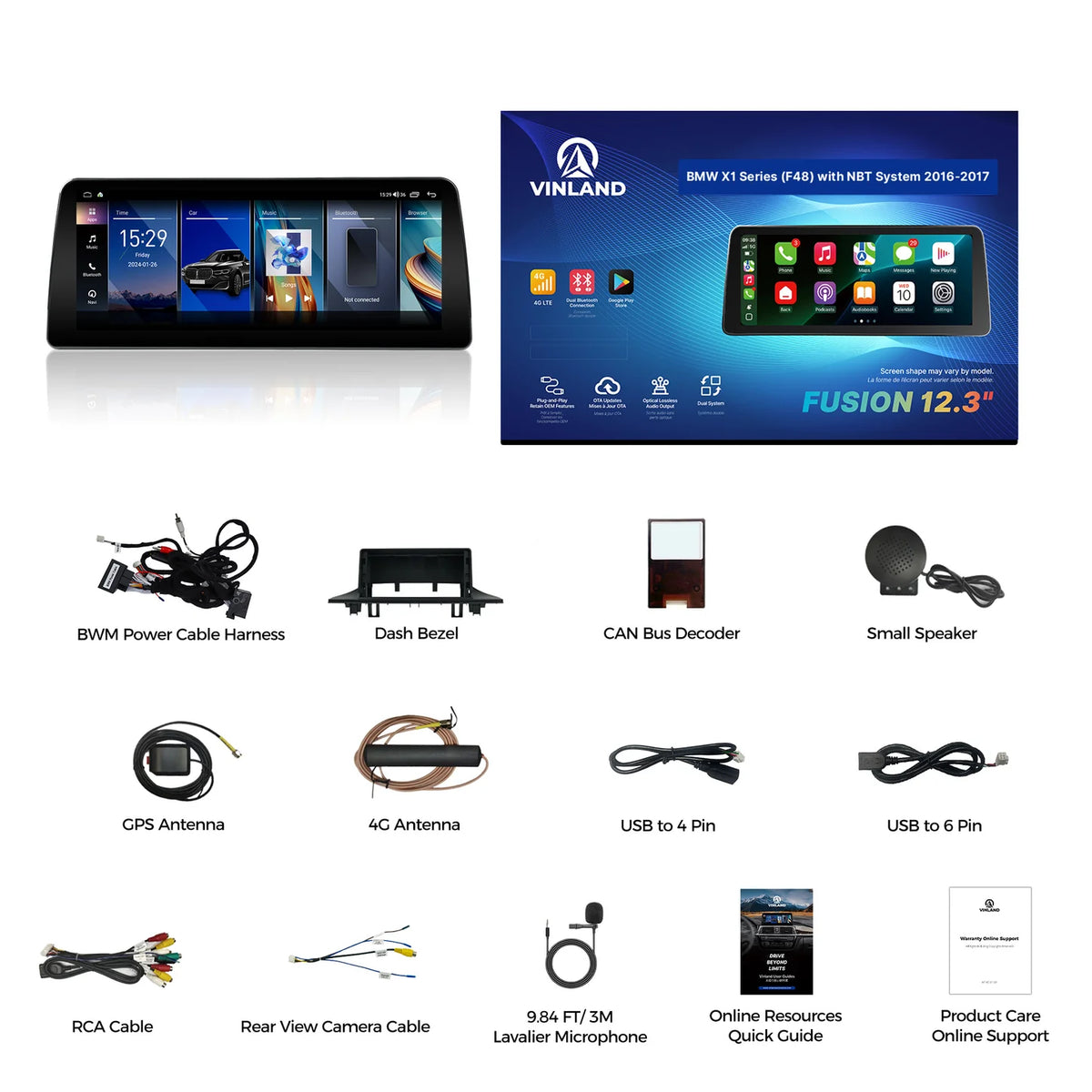 VINLAND VBMX1512B8 12.3" Wireless CarPlay and Android Auto Screen for BMW X1