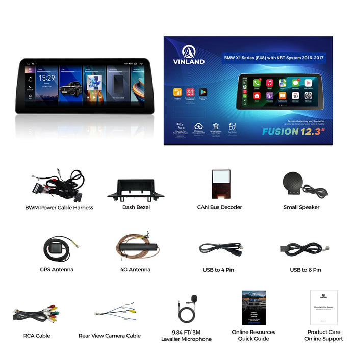 VINLAND VBMX1512B8 12.3" Wireless CarPlay and Android Auto Screen for BMW X1