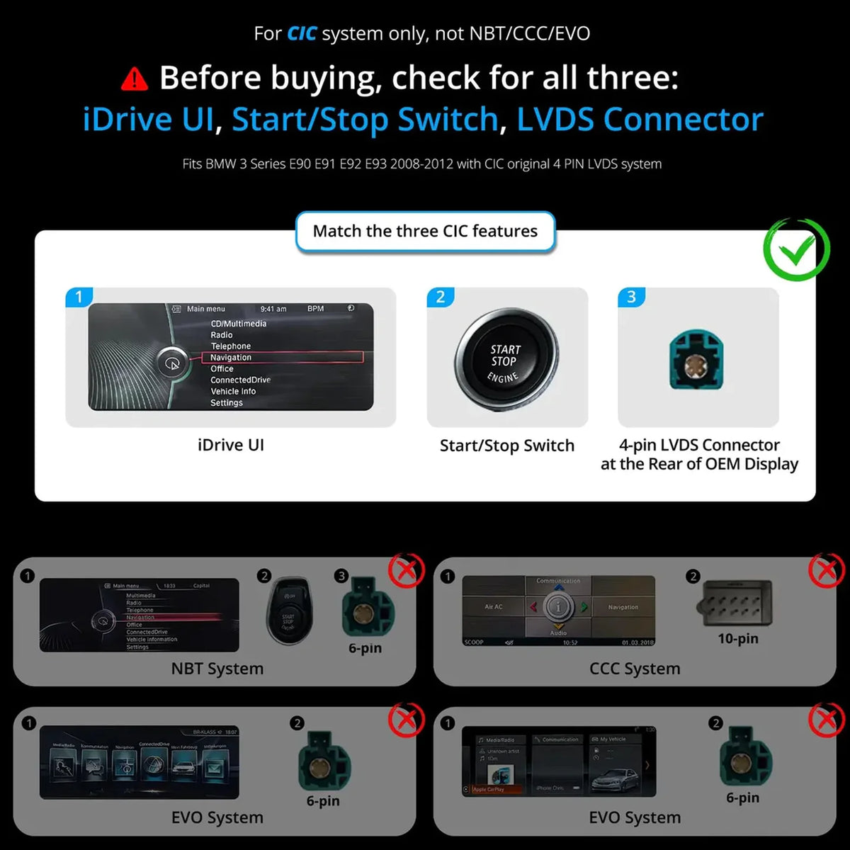 VINLAND VBMX54L12B8 12.3" Wireless CarPlay and Android Auto Screen for BMW X5, X6