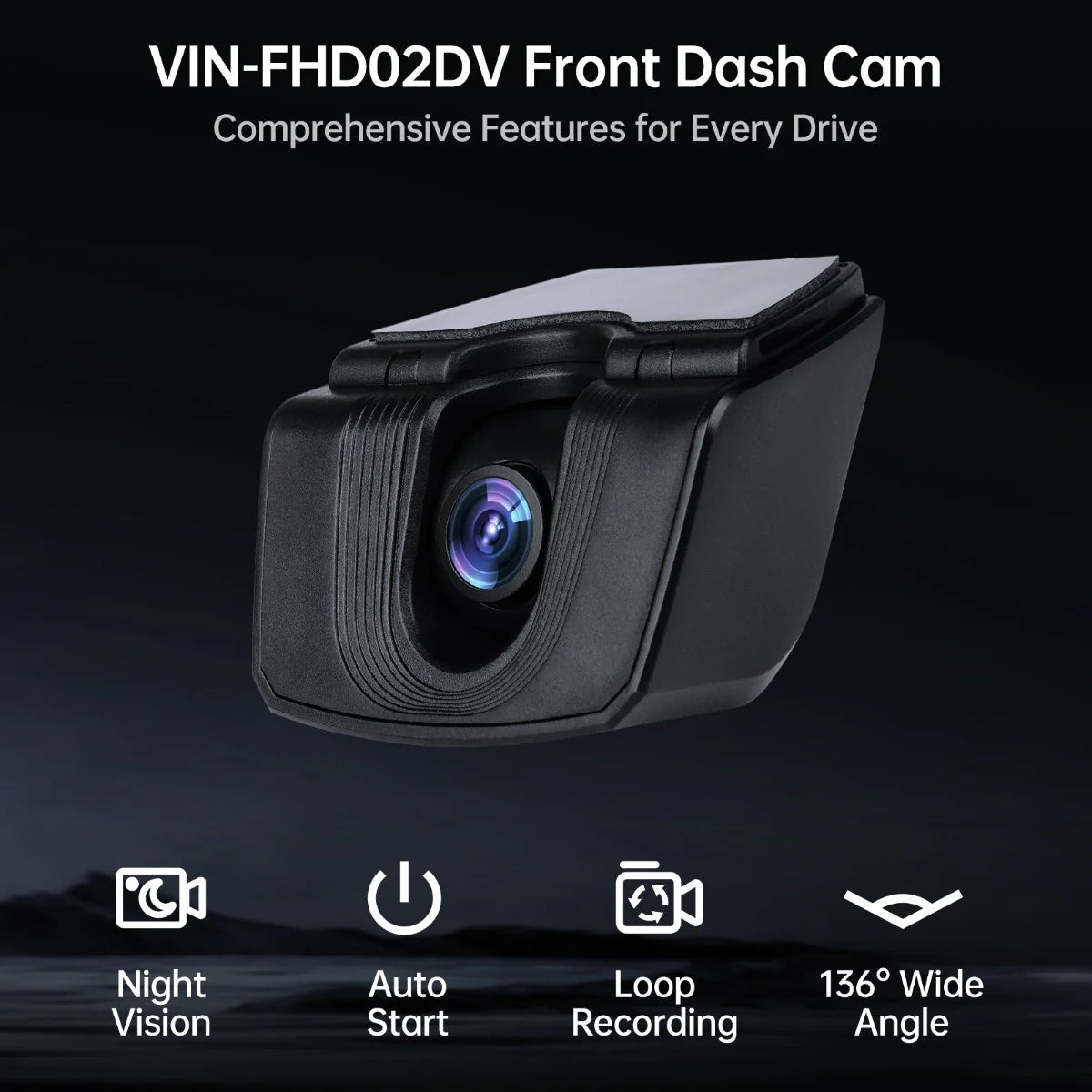 VINLAND VIN-FHD02DV Front Dash Camera with night vision, auto start, loop recording, 136-degree wide angle, expert install.