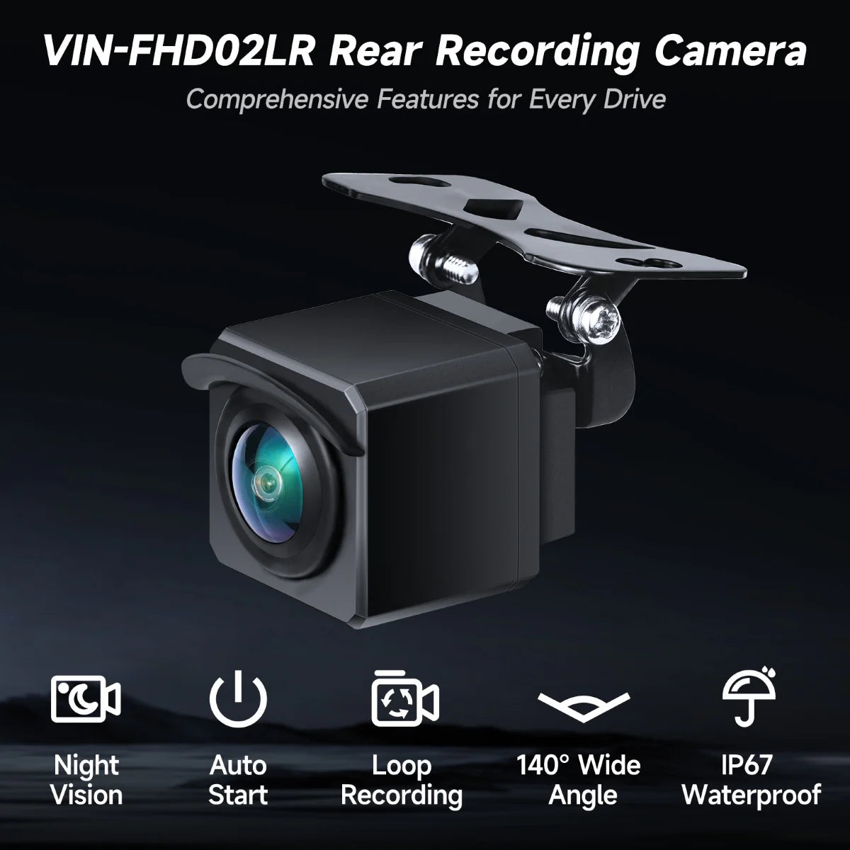 VINLAND VIN-FHD02LR Rear Recording Camera with night vision, auto start, loop recording, wide angle, waterproof, pro install, support, fast shipping
