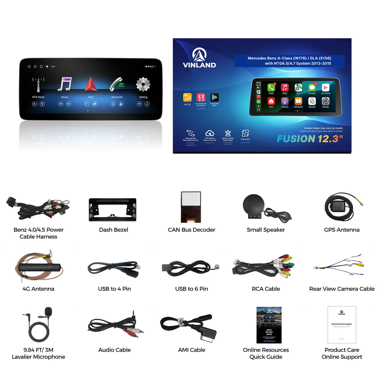 VINLAND VMBGA412C8 12.3" Wireless CarPlay and Android Auto Screen for Mercedes-Benz A-Class, GLA