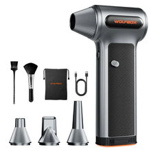Wolfbox MF200 Electric Air Duster with multiple nozzles, brushes, USB cable, and storage pouch, connected car experts.