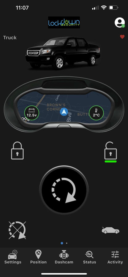 MyCar2 MC200 Smartphone Controller with Lifetime Premium Service Subscription app screen showing vehicle status, lock control, and map GPS Connected Car Experts with Professional Installation and Fast Shipping