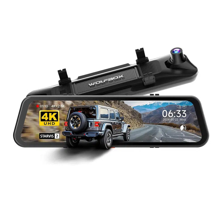 Wide digital rearview mirror displaying a 4K dash camera feed with date, time, and road scenery in the background
