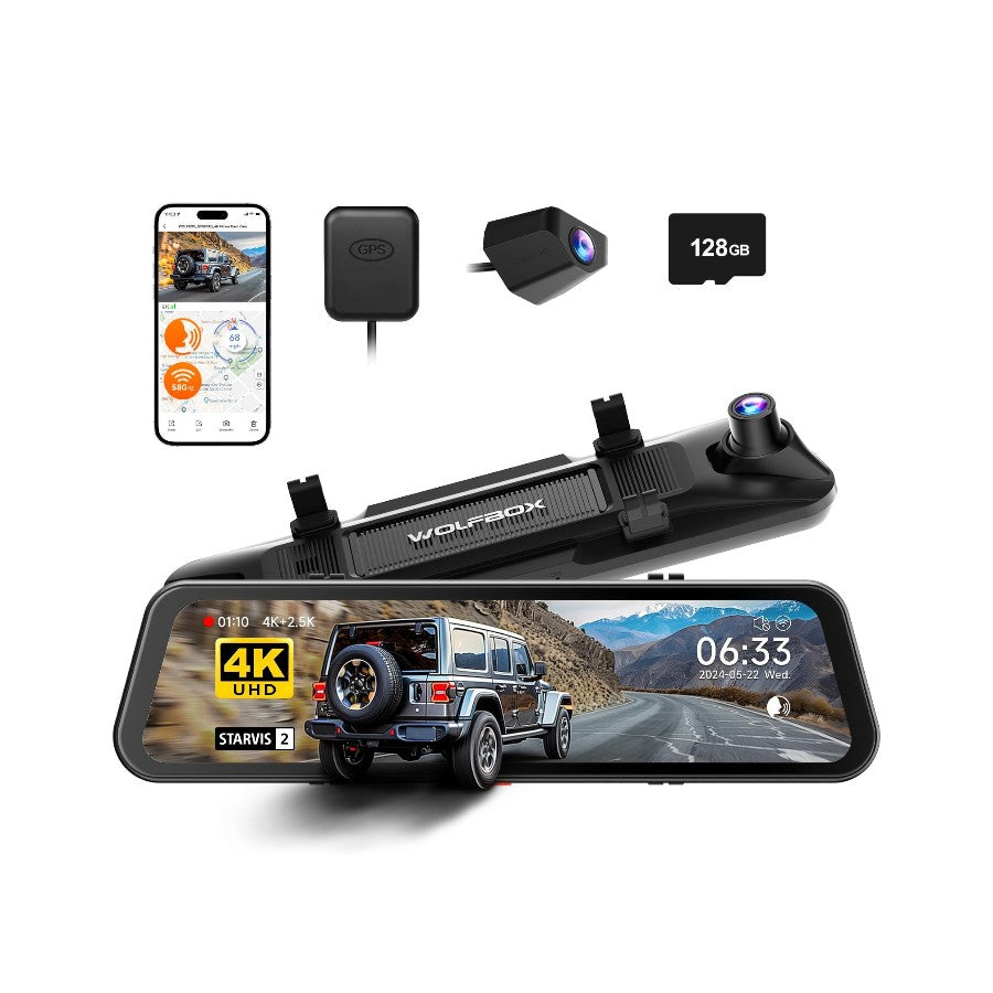 Wolfbox G900Pro Mirror Dash Camera, 4K+2.5K @ 30fps, 128GB, Touchscreen, WiFi, GPS with fast shipping and pro installation.