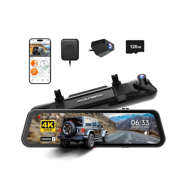 Wolfbox G900Pro Mirror Dash Camera, 4K+2.5K @ 30fps, 128GB, Touchscreen, WiFi, GPS with fast shipping and pro installation.