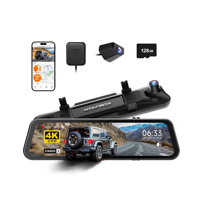 Wolfbox G900Pro Mirror Dash Camera, 4K+2.5K @ 30fps, 128GB, Touchscreen, WiFi, GPS with fast shipping and pro installation.
