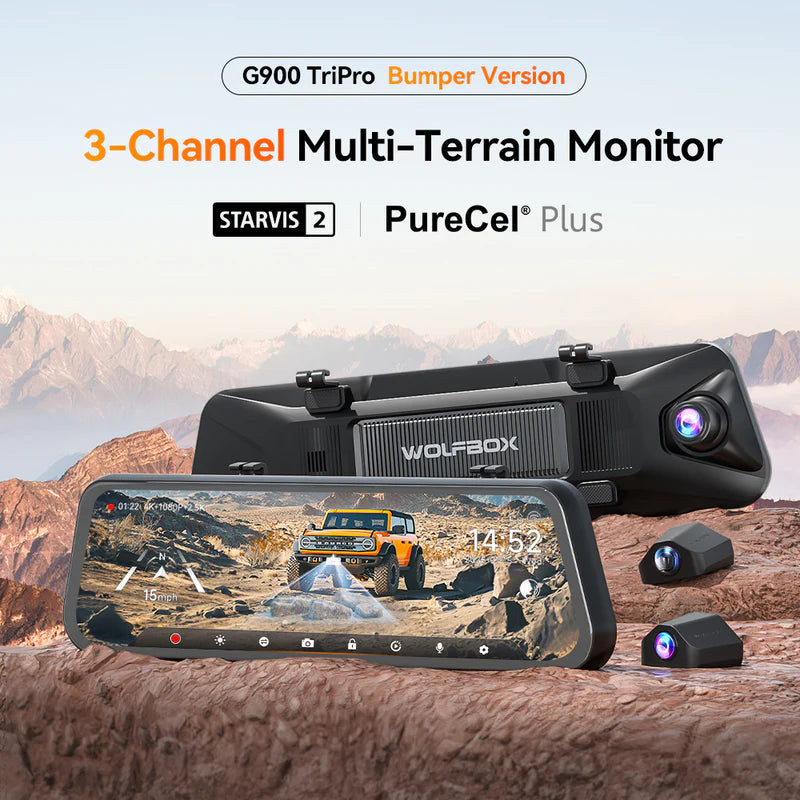 Wolfbox G900 TriPro Bumper Version Mirror Dash Camera, 4K+1080p+2.5K @ 30fps, 256GB, Touchscreen, WiFi, GPS with fast shipping.