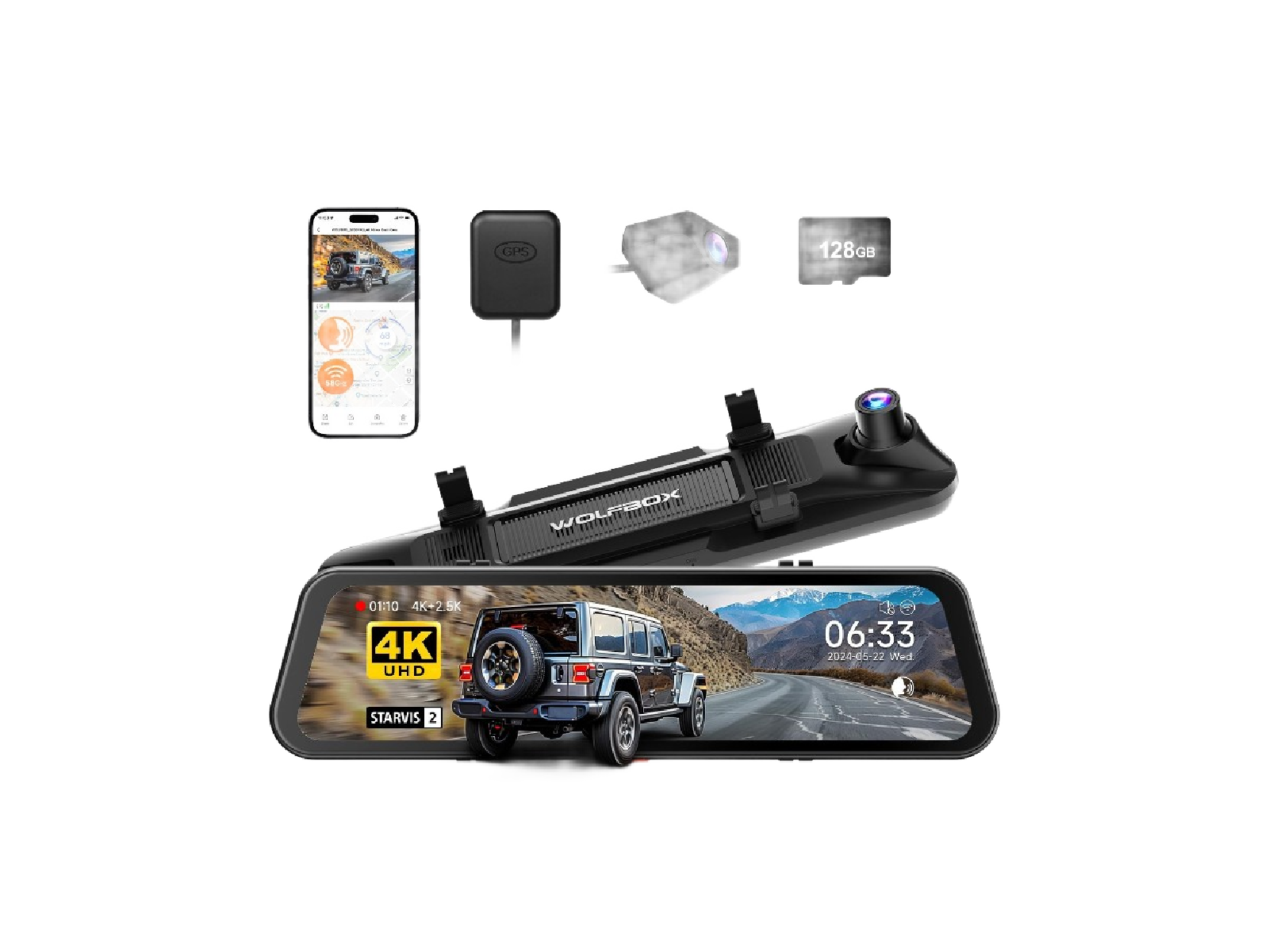 4K UHD dash camera system with rearview mirror display, key fob, GPS tracker, and 128GB memory card for vehicle security.