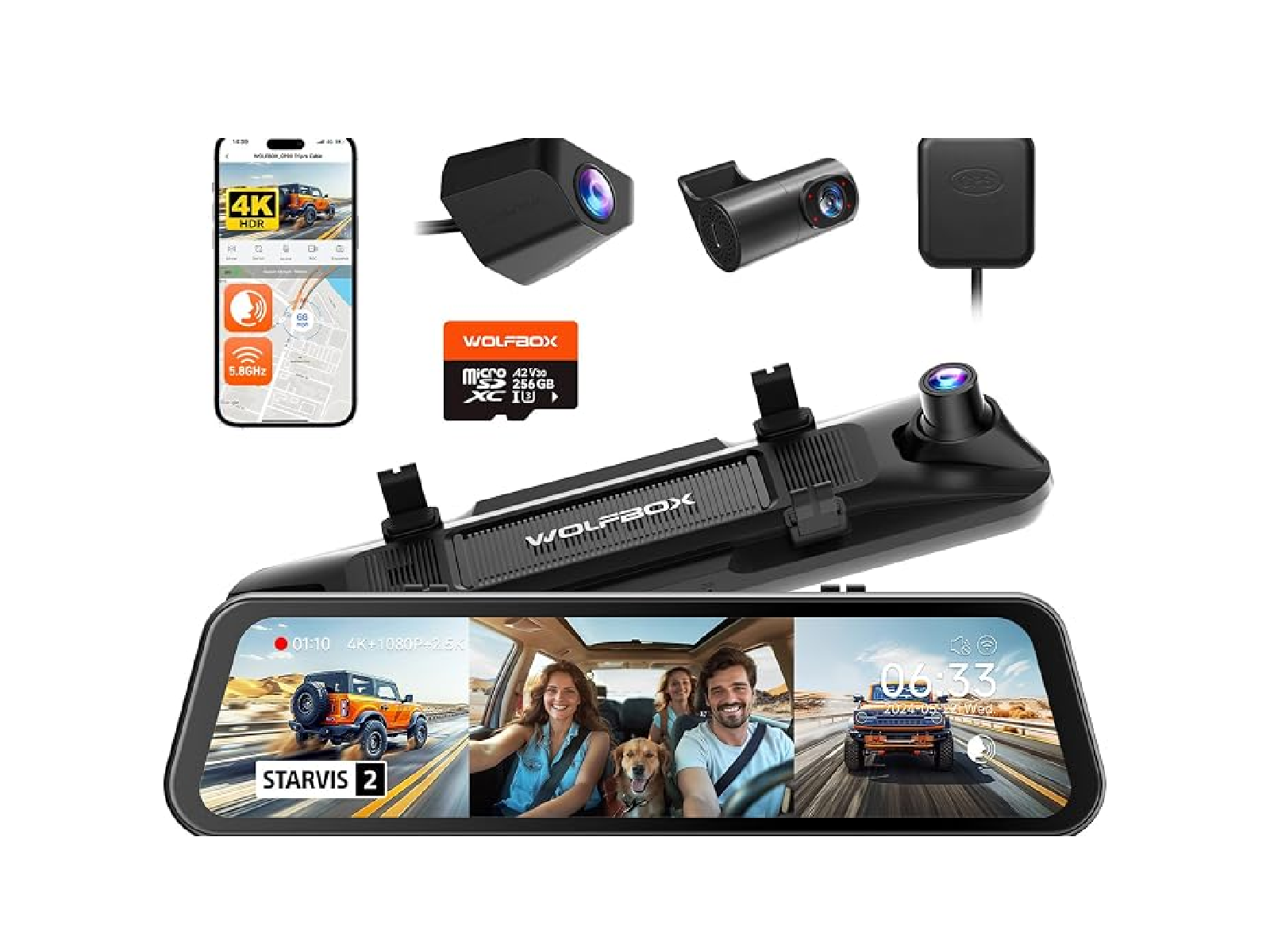 Car dash camera system with 4K resolution, rear camera, memory card, and app interface showing recorded footage.