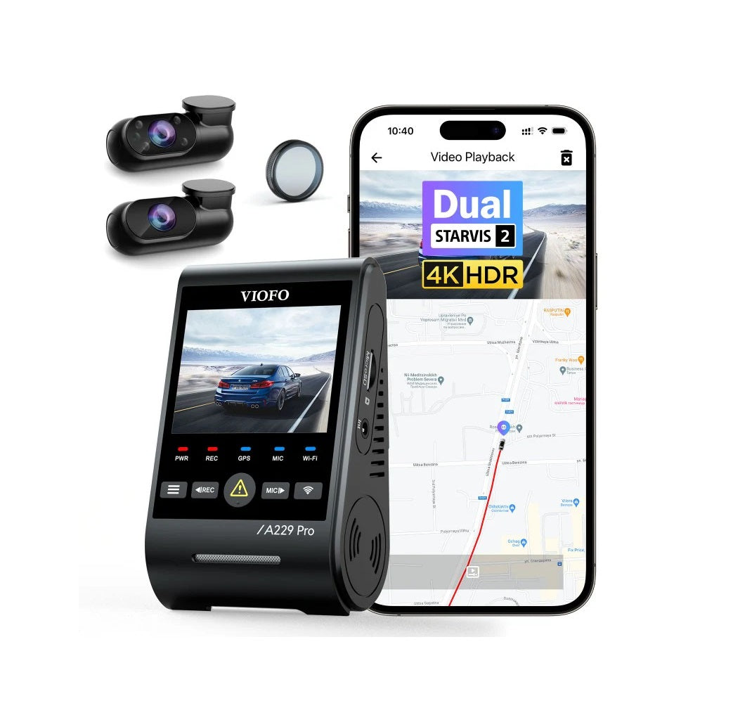 Viofo A229 Pro 3CH Dash Camera, 4K+1080p+2K @ 30fps, WiFi, GPS with dual lenses and mobile app, fast shipping, professional installation