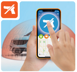 Hand holding smartphone showing a car security app with an anti-hijack icon and a shield protecting a vehicle illustration.