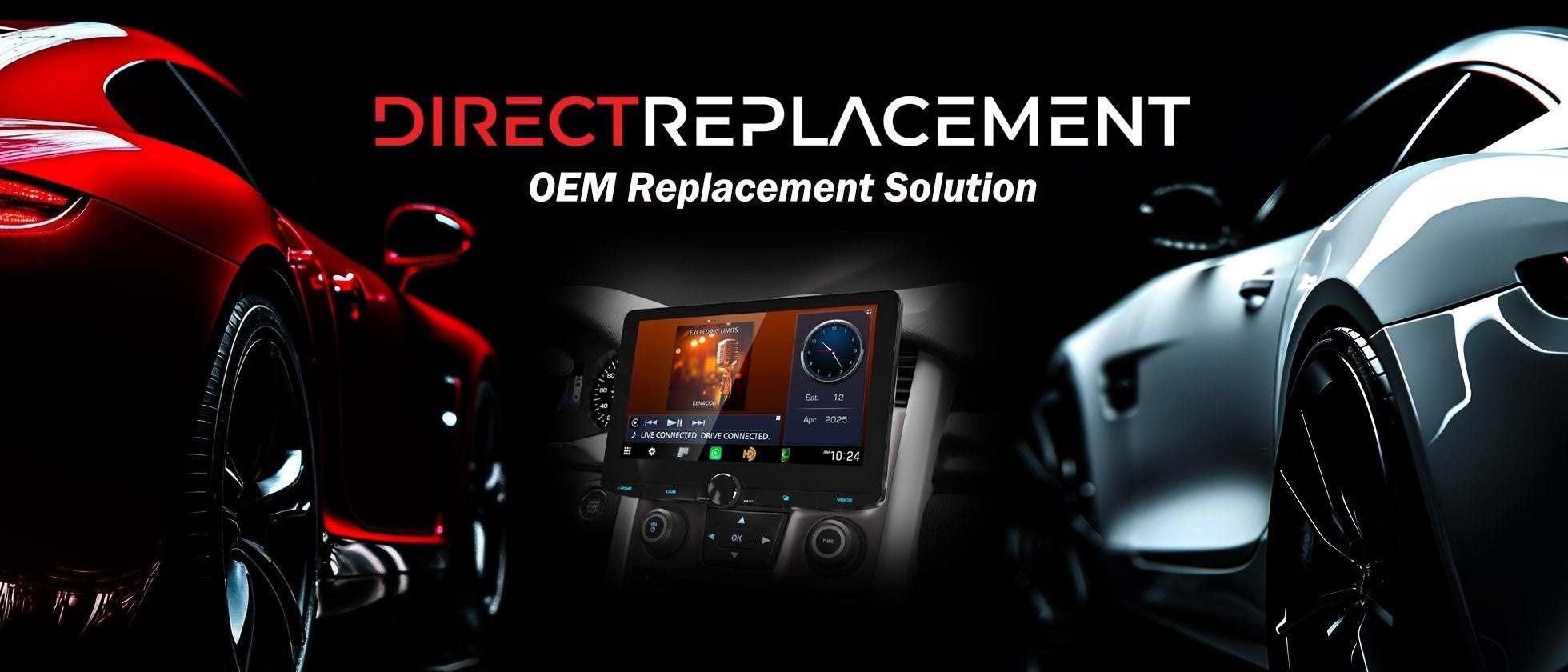 Sports cars flanking a center console with touchscreen display, showcasing an OEM replacement system solution.