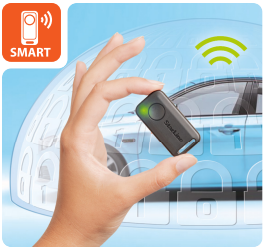 Hand holding compact smart key fob with wireless signal icon near a parked blue car secured by a digital shield barrier