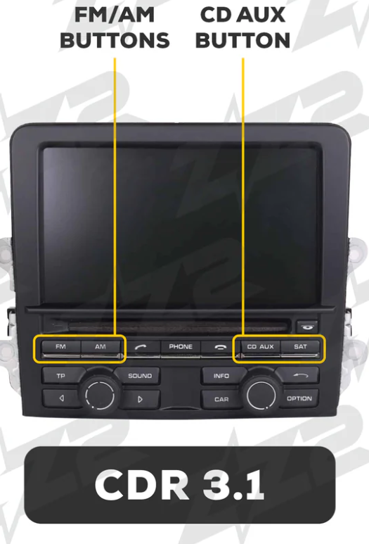 Car stereo display unit showing FM/AM buttons on left and CD AUX button on right with labeled controls for CDR 3.1 model.