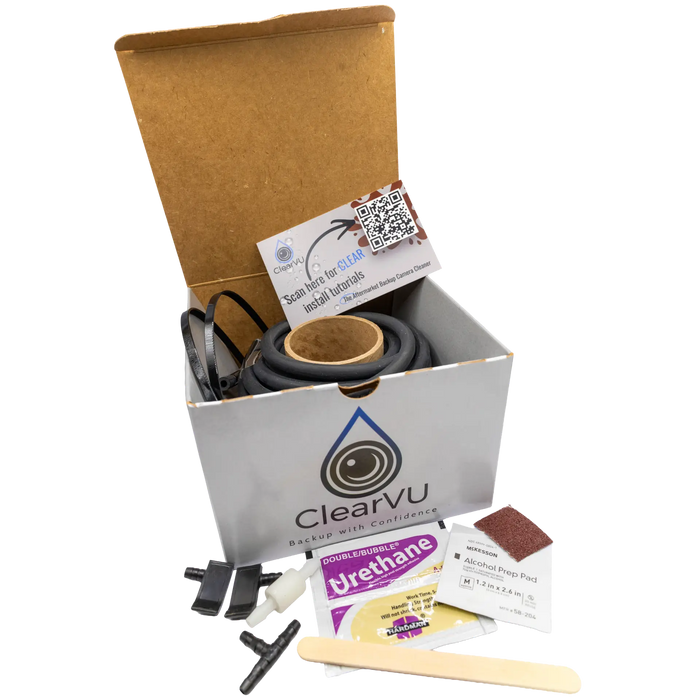 ClearVU backup camera cleaner kit in its box, with the nozzle, washer hose and fittings