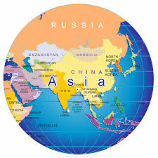 Colorful map highlighting Asia with country borders and names, surrounded by ocean and neighboring regions visible on a globe.