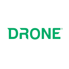 Green uppercase DRONE text with registered trademark symbol on a plain white background representing aerial technology branding