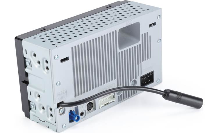 Rear metal casing of a car stereo with ventilation slots and various connection ports including USB and antenna inputs visible
