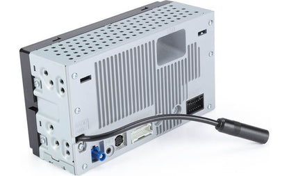 Rear metal casing of a car stereo with ventilation slots and various connection ports including USB and antenna inputs visible