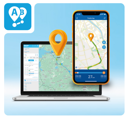 Laptop and smartphone screens showing real-time vehicle route tracking with a location pin on a digital map interface