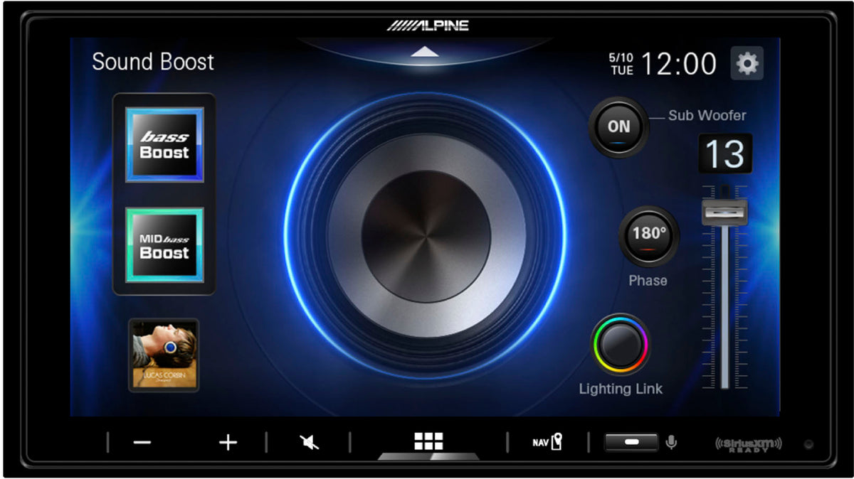 Vehicle audio system interface displaying sound boost controls, subwoofer level, phase, and lighting settings on touchscreen panel