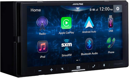 Car stereo touchscreen displaying icons for Radio, Apple CarPlay, Android Auto, USB, iPod, SiriusXM, Bluetooth, and Phone features