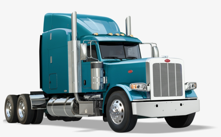 Blue classic-style semi-truck cab with sleeper compartment shown in angled front view on a white background