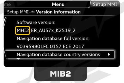 Car infotainment screen showing software version MHI2 and navigation database details in system settings menu.