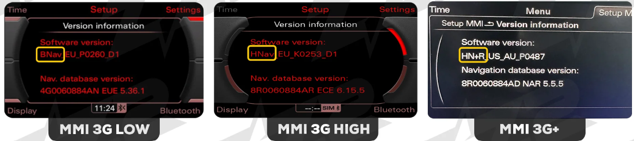 Three vehicle multimedia system screens showing software and navigation database version details for different MMI 3G models.
