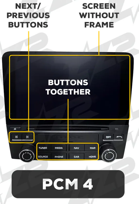 Car multimedia control unit with grouped buttons for tuner, media, navigation, and dual knobs alongside a frameless screen design