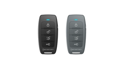 iDatastart R210 and R210G five-button one-way remotes in black and grey